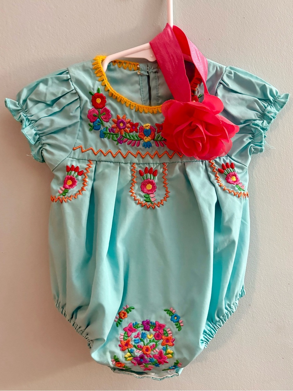 Baby Girl Embroidery Floral Teal Bodysuit With Headband, Size 70 (6-12 mo)